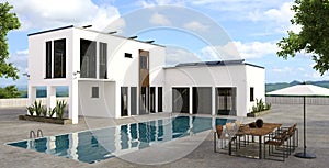 Modern house render with large swimming pool