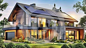 Modern house with seamless solar panel integration harnessing sun s energy for home power