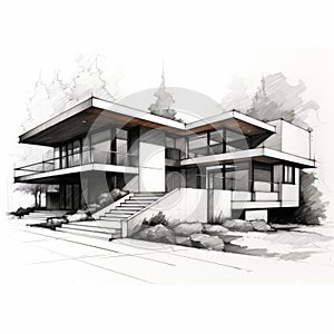 Modern House Sketch: Vancouver School Style With Monochrome Toning