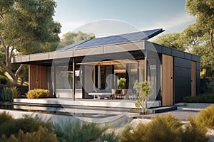 modern house, with sleek and minimalist design, featuring solar panels on the roof