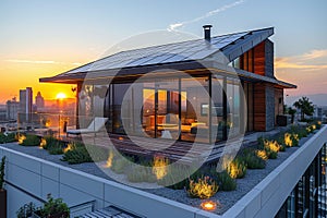A modern house with a solar panel installed on the roof