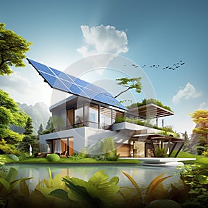 Modern house with solar panel on roof and beautiful landscape Ai generative