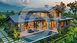 Modern House With Solar Panel Roof and Swimming Pool