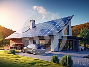 Modern house with solar panels and modern car near house.