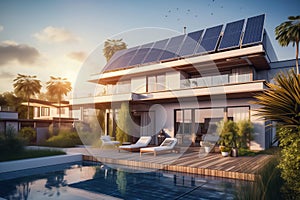 Modern house with solar panels and pool at sunset