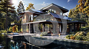 Modern house with solar panels, pool in woods, generative ai