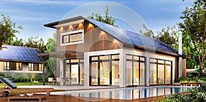 Modern house with solar panels on the roof