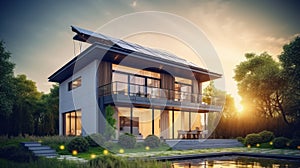 Modern house with solar panels on the roof, alternative energy, solar energy