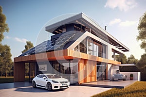 Modern house with solar panels on the roof and electric car AI generated