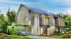 Modern house with solar panels on the roof and electric car