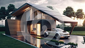 A modern house with solar panels on the roof and an electric car in the yard near the house, Generative AI.