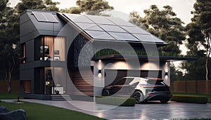 A modern house with solar panels on the roof and an electric car in the yard near the house, Generative AI