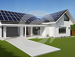 Modern house with solar panels on the roof, generative ai