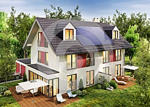 Modern townhouse with solar panels on the roof photo