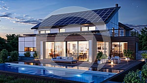 A modern house with solar panels on the roof, a swimming pool, and a large terrace with a seating area