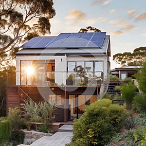 a modern house with solar panels on the roof and windows