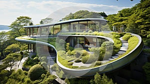 modern house surrounded by lush greenery with the concept of living in harmony with nature. Generative AI