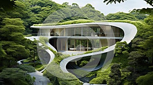 modern house surrounded by lush greenery with the concept of living in harmony with nature. Generative AI