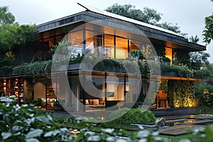 A modern house surrounded by trees with a facade featuring numerous windows