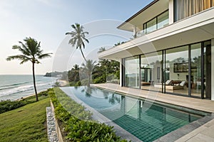 Modern house with swimming pool at the beach photo