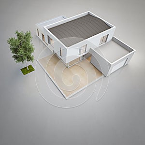 Modern house with tree on concrete floor background in real estate sale or property investment concept