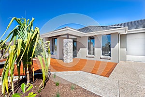 Modern house with a tree and the garage with wooden and stone ya