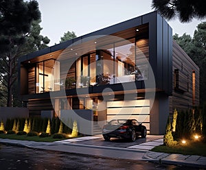 modern house with two cars parked in the driveway, in the style of samyang photo