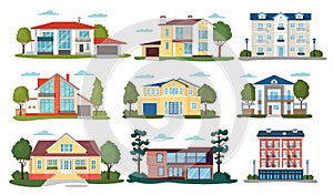 Modern house vector illustrations, cartoon flat home apartment, facade exterior of residential building set icons photo