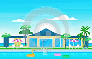 Modern House Villa Exterior with Swimming Pool at Backyard Illustration