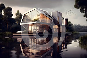 Modern house on water, exterior of luxury villa by river or lake at sunset, generative AI