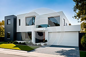 A modern house with white and black exterior.