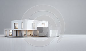 Modern house on white floor with empty concrete wall background in real estate sale or property investment concept