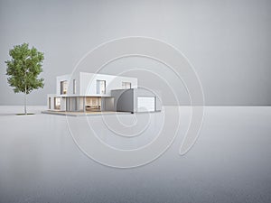 Modern house on white floor with empty concrete wall background in real estate sale or property investment concept