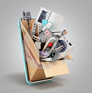 Modern household appliances in a drawer peeps from the screen of a mobile phone 3d render on grey gradient