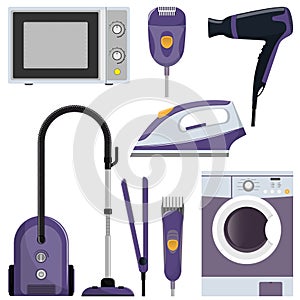 Modern household appliances, set. Washing machine, vacuum cleaner, iron, microwave, hairdryer, epilator, styler, hair clipper. Vec