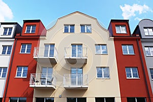 Modern houses with balconies against blue sky