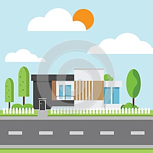 A modern houses with tree and clouds and along the roads