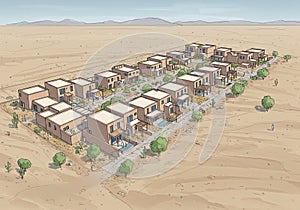 Modern housing development in a desert landscape features rectangular buildings