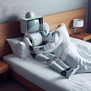 Modern humanoid robot sleeping in a hotel room