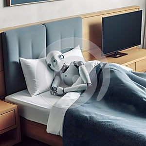 Modern humanoid robot sleeping in a hotel room