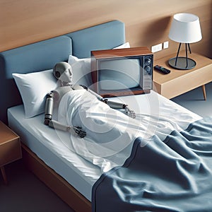 Modern humanoid robot sleeping in a hotel room