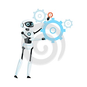 Modern Humanoid or Robotic Device with Iron Limbs Holding Gear-wheel Vector Illustration