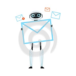 Modern Humanoid or Robotic Device with Iron Limbs Holding Letter Envelope Vector Illustration