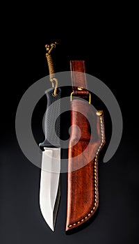 A modern hunting knife and a leather case for him on a dark background