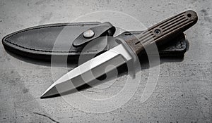 A modern hunting knife and a leather case for him on a dark background. Melee weapons for hunting and self-defense. The instrument