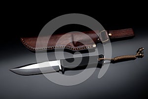 A modern hunting knife and a leather case for him on a dark background. Melee weapons for hunting and self-defense. The instrument