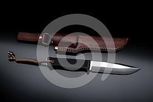 A modern hunting knife and a leather case for him on a dark background. Melee weapons for hunting and self-defense. The instrument