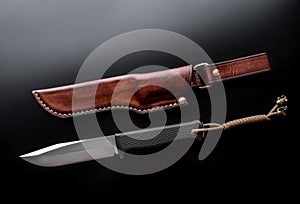 A modern hunting knife and a leather case for him on a dark background. Melee weapons for hunting and self-defense. The instrument