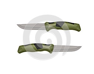 Modern hunting knife with silver blade and rubber handle. Steel arms. Isolate on a white back