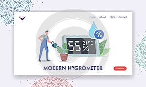 Modern Hygrometer for Air Humidity Measurement Landing Page Template. Tiny Male Character Watering Plants